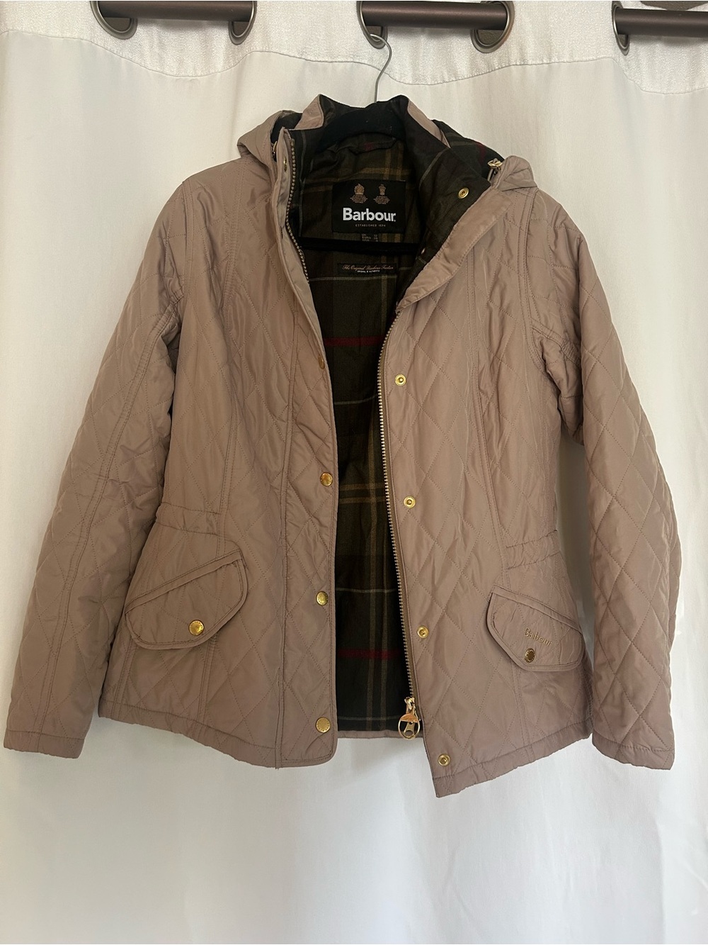 EUC Barbour 8 US Millfire Quilted Hooded Utility Jacket in Taupe Tartan Lining